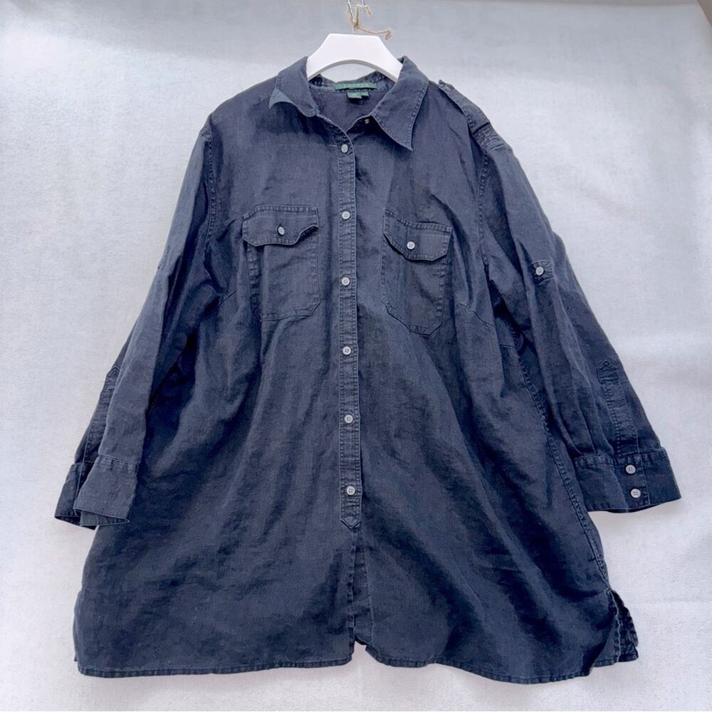 Women’s Lauren Ralph Lauren 100% Linen Button Down Shirt Black Tab Sleeves 14W